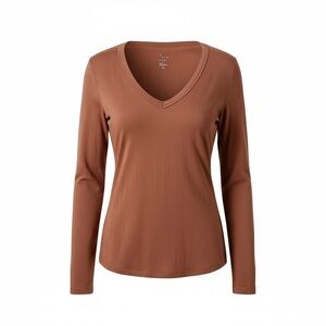 Women's V-Neck Long Sleeve Top - Brown -Small